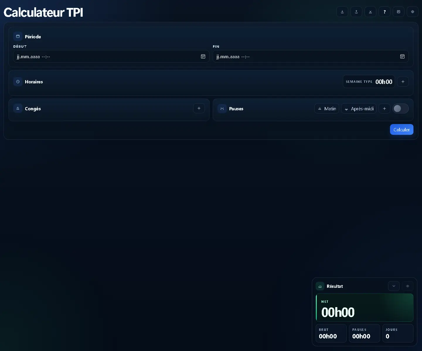 Capture d'écran de Calculateur TPI, outil de calcul du temps de travail